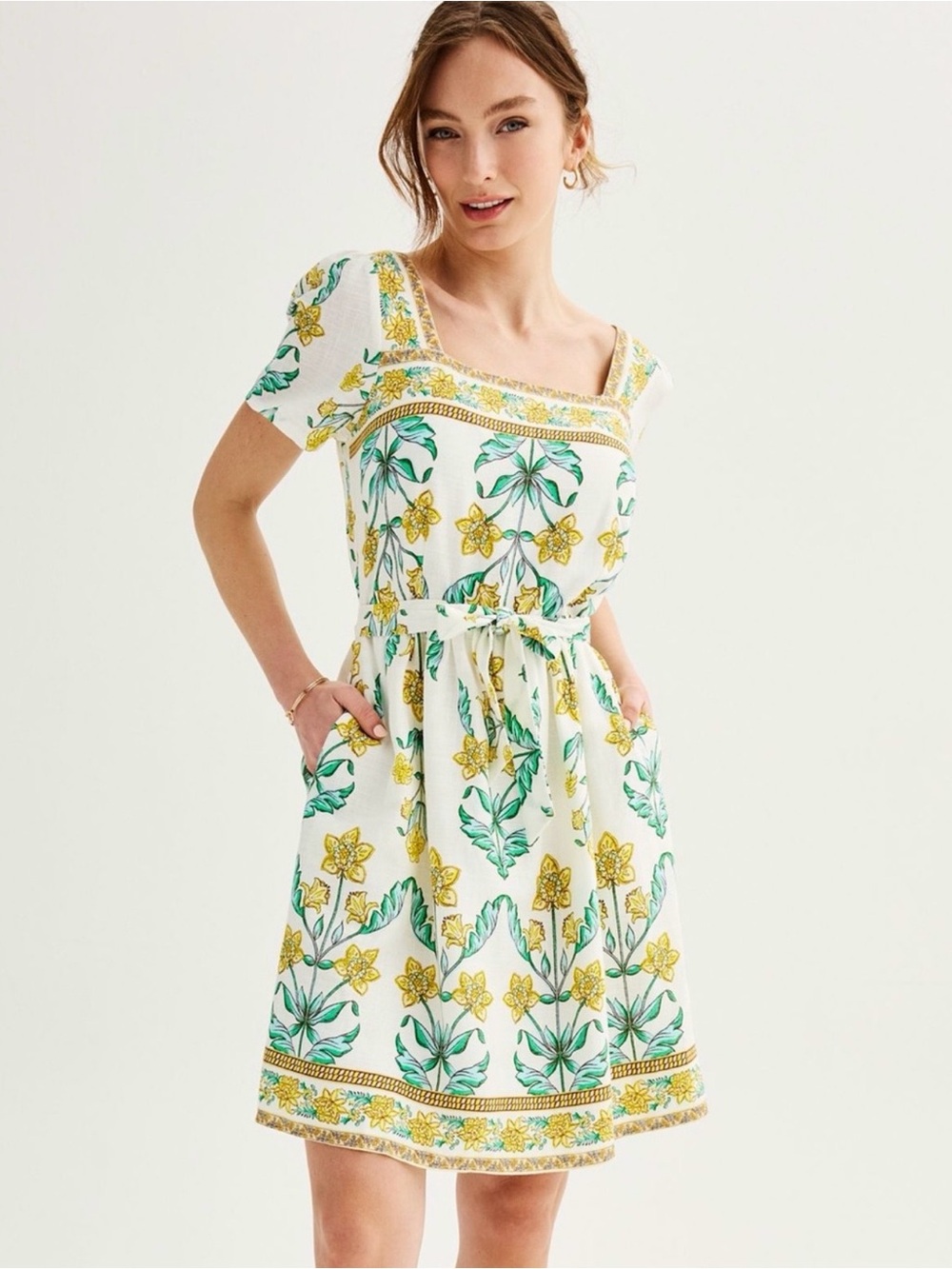 Draper James White Dress with Yellow Floral Print and Green Leaves